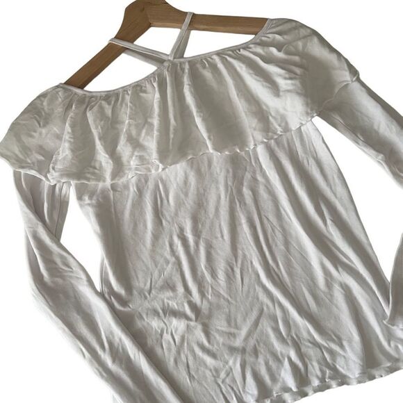 Chaser White Cotton Baby Ribbed Long Sleeve Shoulder Ruffle Top Size M - Picture 1 of 10